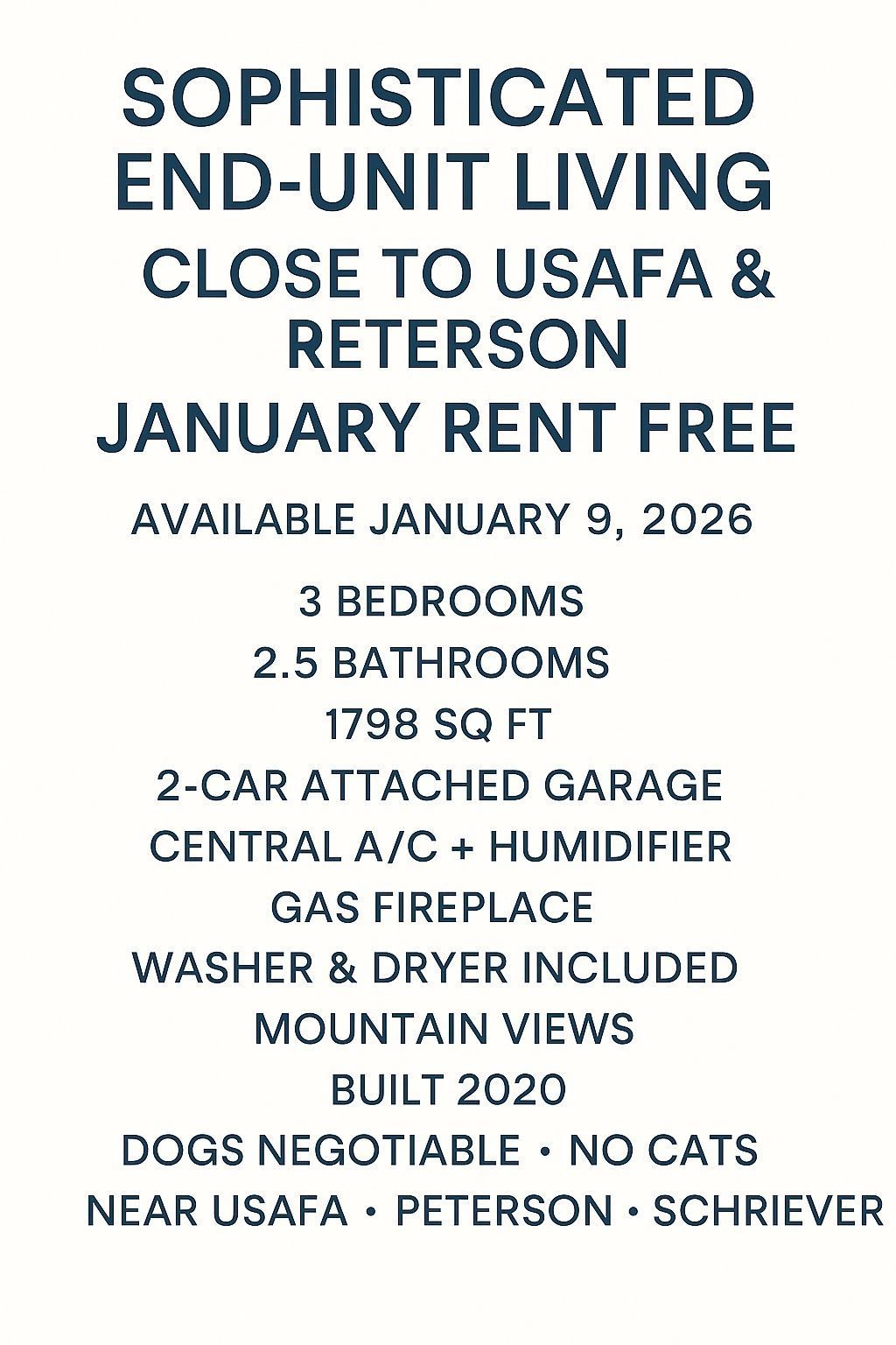 Sophisticated End-Unit Living Close to USAFA & Peterson — January Rent Free property image